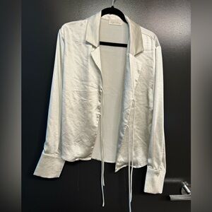 Elegant Cream Open-Front Tie-Front Silky Blouse Top